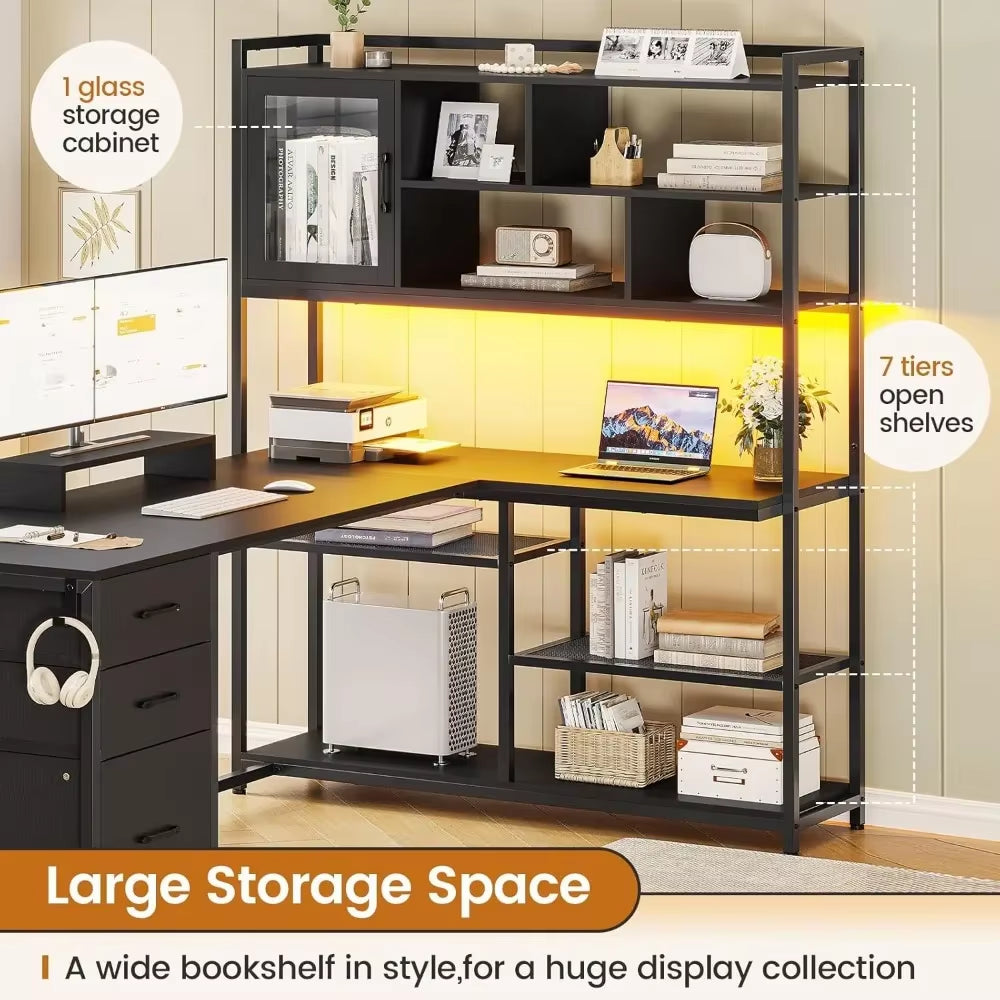 L Shaped Computer Desk, 58'' Office Desk with 3 Drawers and Bookshelf, L Shaped Corner Desk with Storage Shelves and LED Light