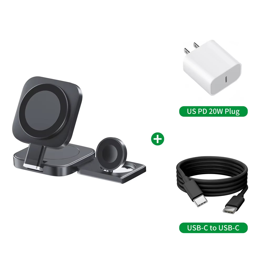 Foldable 3In1 Magnetic Wireless Charging for Apple Qi2 Magsafe Charger Stand for Iphone 16 Pro 15 14 13 Iwatch Airpods Charger