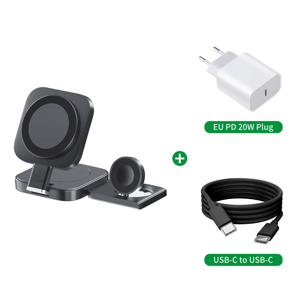 Foldable 3In1 Magnetic Wireless Charging for Apple Qi2 Magsafe Charger Stand for Iphone 16 Pro 15 14 13 Iwatch Airpods Charger