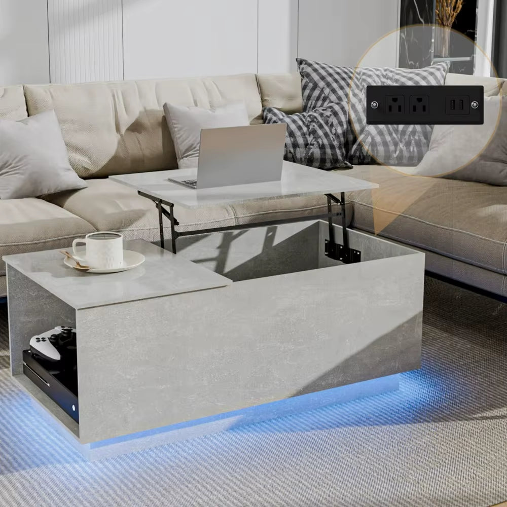LEDセンターテーブル｜昇降式リフトトップ・収納付き・充電ステーション搭載 モダンコーヒーテーブル［間接照明付き］