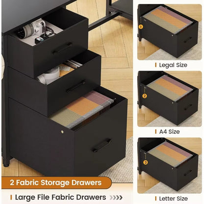 L Shaped Computer Desk, 58'' Office Desk with 3 Drawers and Bookshelf, L Shaped Corner Desk with Storage Shelves and LED Light