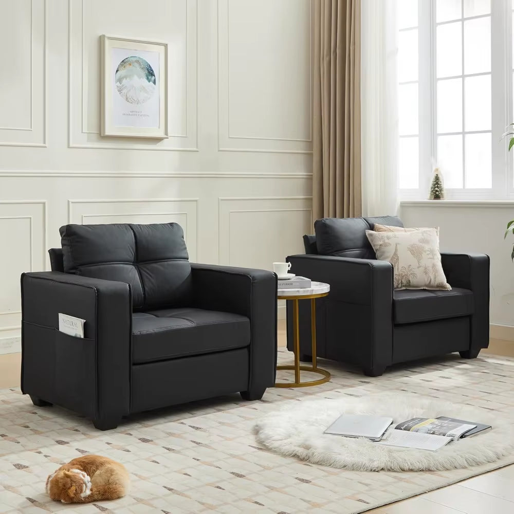 ブラックフェイクレザー アームチェア｜オーバーサイズ・ミッドセンチュリーデザイン・リビング用アクセントチェア
