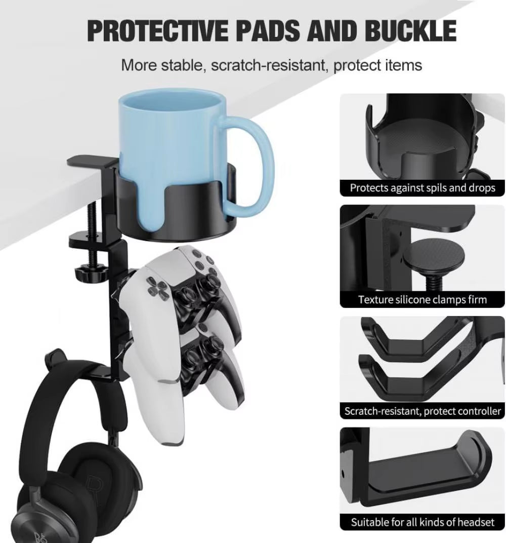 4-in-1多機能デスクホルダー｜カップホルダー・ヘッドホンハンガー・コントローラースタンド付き｜ユニバーサル対応・角度調整可能［ゲーミングアクセサリー］