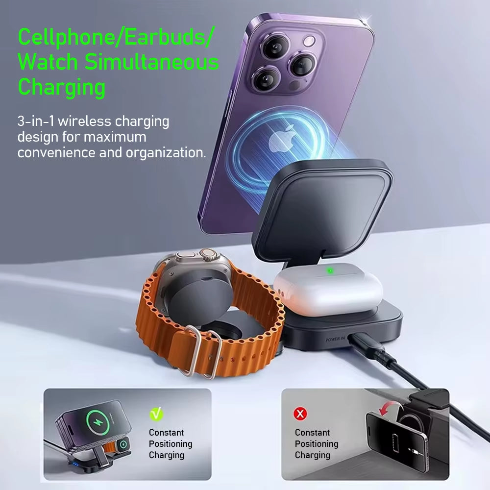 Foldable 3In1 Magnetic Wireless Charging for Apple Qi2 Magsafe Charger Stand for Iphone 16 Pro 15 14 13 Iwatch Airpods Charger