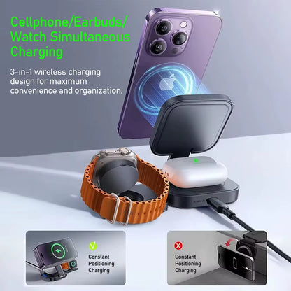 Foldable 3In1 Magnetic Wireless Charging for Apple Qi2 Magsafe Charger Stand for Iphone 16 Pro 15 14 13 Iwatch Airpods Charger