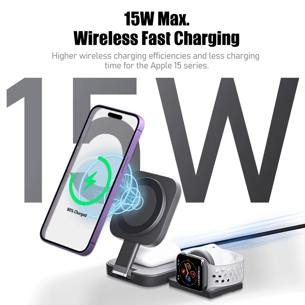 Foldable 3In1 Magnetic Wireless Charging for Apple Qi2 Magsafe Charger Stand for Iphone 16 Pro 15 14 13 Iwatch Airpods Charger