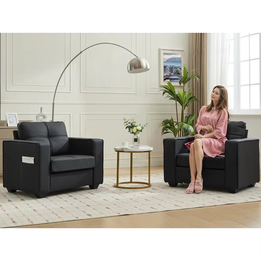 ブラックフェイクレザー アームチェア｜オーバーサイズ・ミッドセンチュリーデザイン・リビング用アクセントチェア