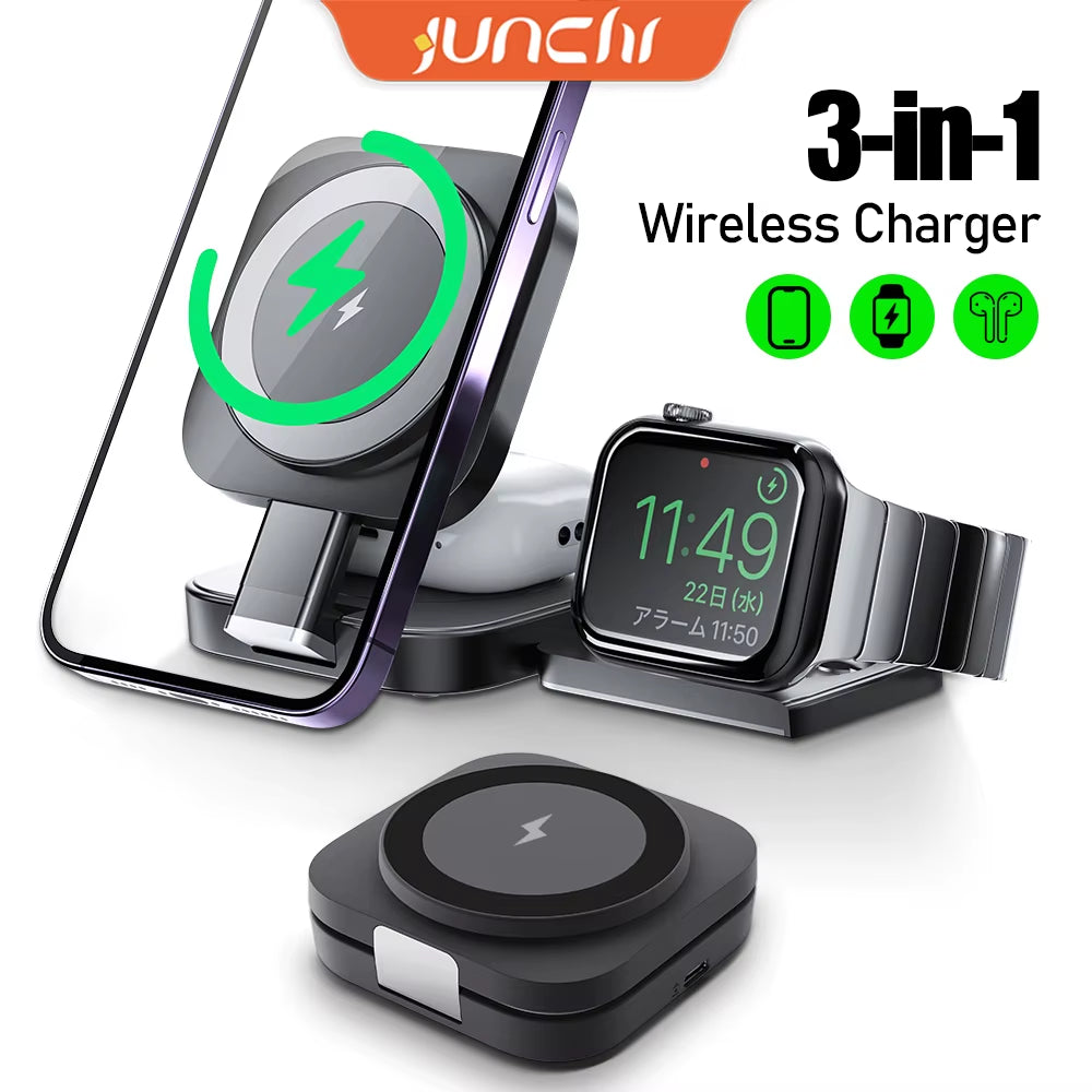 Foldable 3In1 Magnetic Wireless Charging for Apple Qi2 Magsafe Charger Stand for Iphone 16 Pro 15 14 13 Iwatch Airpods Charger